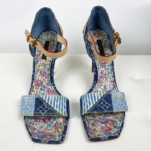 Vintage Louis Vuitton Blue Denim Monogram Heels | Unique Patchwork | S 38.5 EUC - Picture 6 of 14